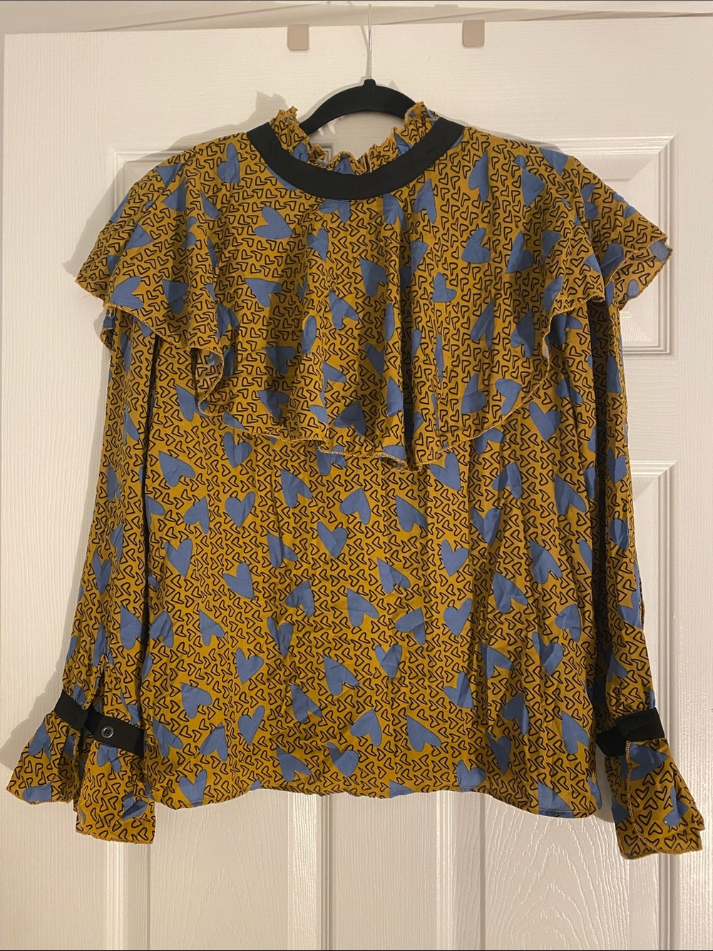 Womens Mustard and Blue Printed Ruffle Blouse